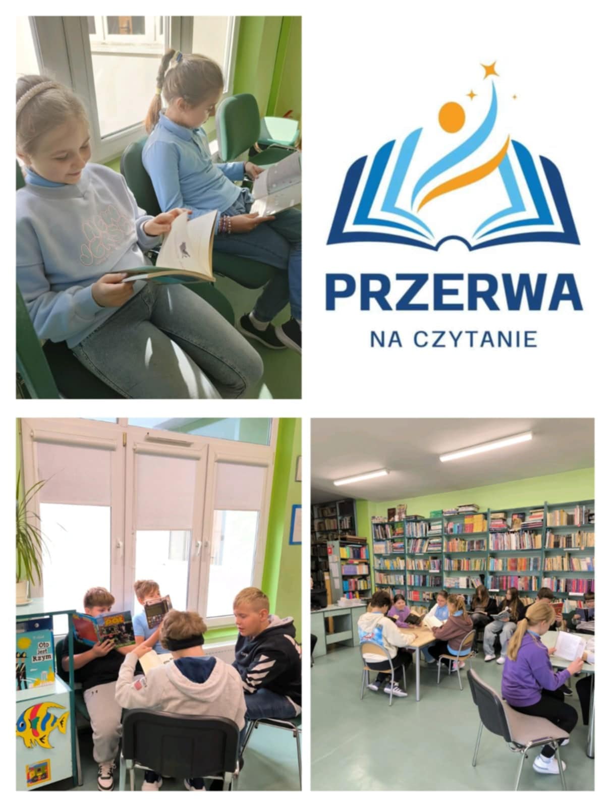 Uczniowie podczas przerwy czytają książki w&nbsp;bibliotece szkolnej
