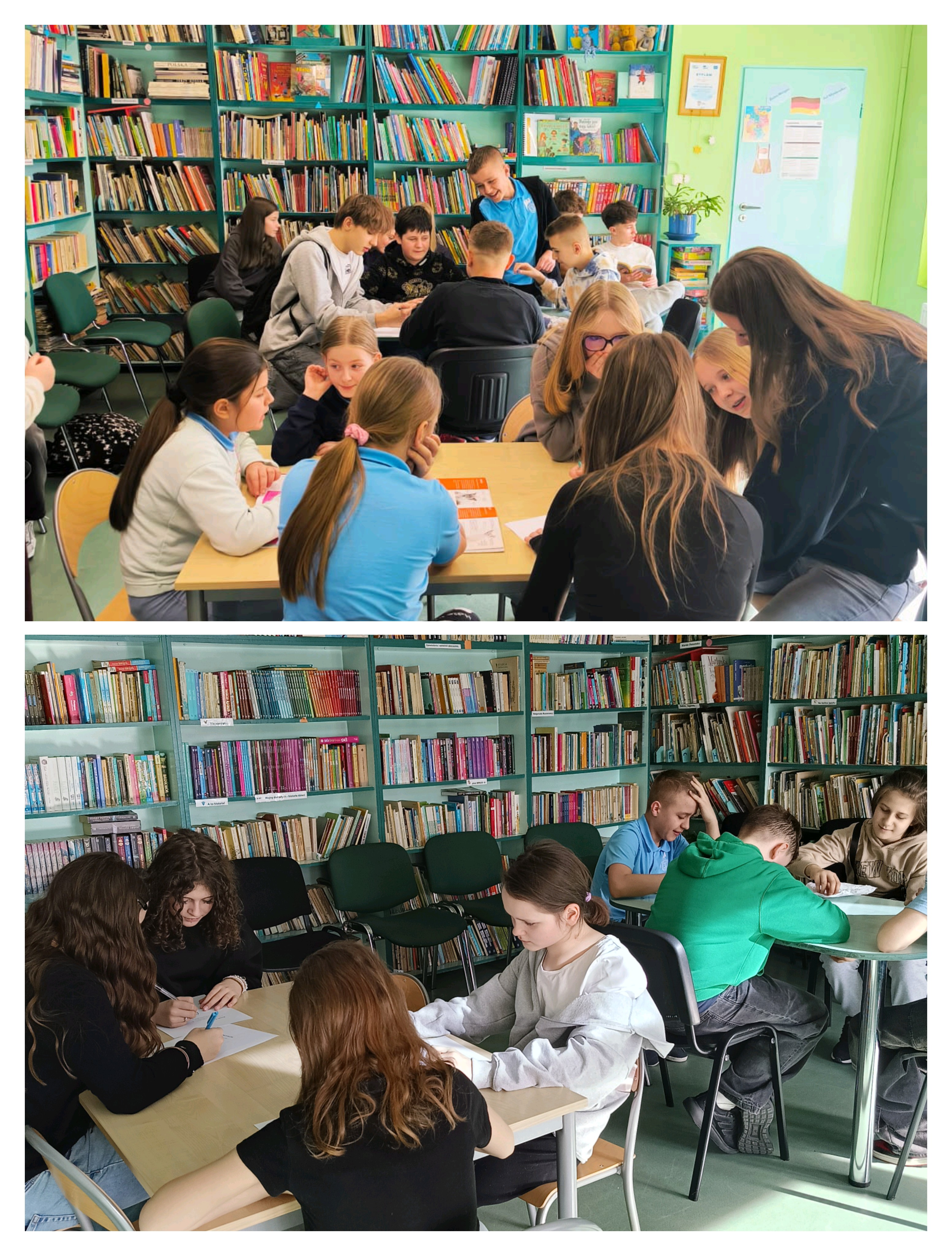 Uczniowie podczas zajęć w&nbsp;bibliotece szkolnej 