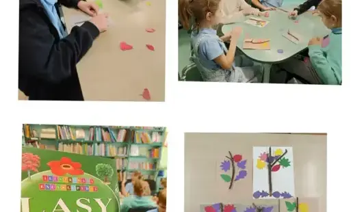 Uczniowie i ich prace w bibliotece